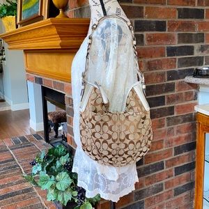 Coach Kristin Signature khaki fabric/white leather/nickel hobo shoulder bag.